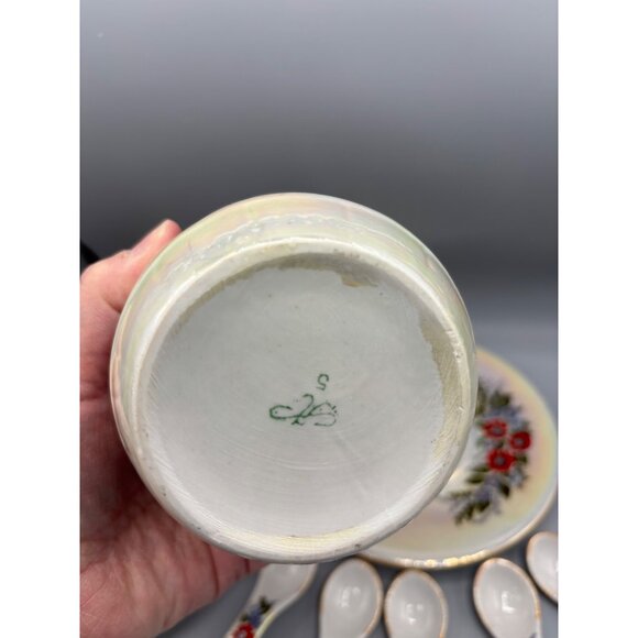 Vtg Honey Jar w 6 Spoons Lustreware Iridescent Floral Ceramic - Picture 8 of 10